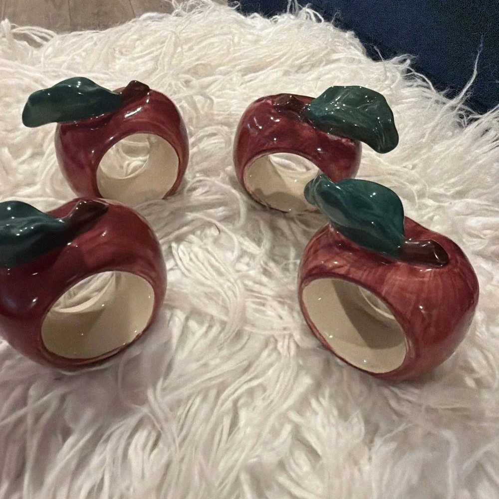 Vintage Set Of Four Hand-Painted Ceramic Red Apple Napkin Rings